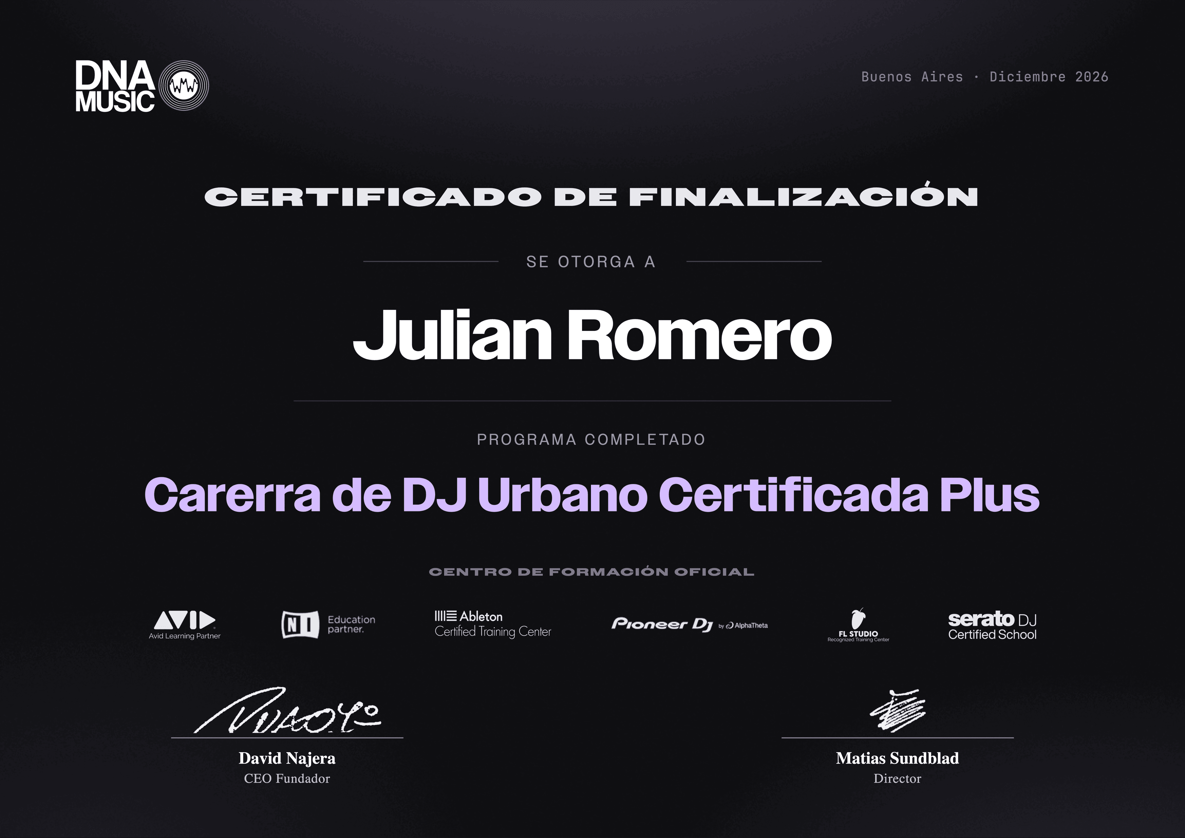 Certificado — DJ Urbano — Carrera Certificada Plus